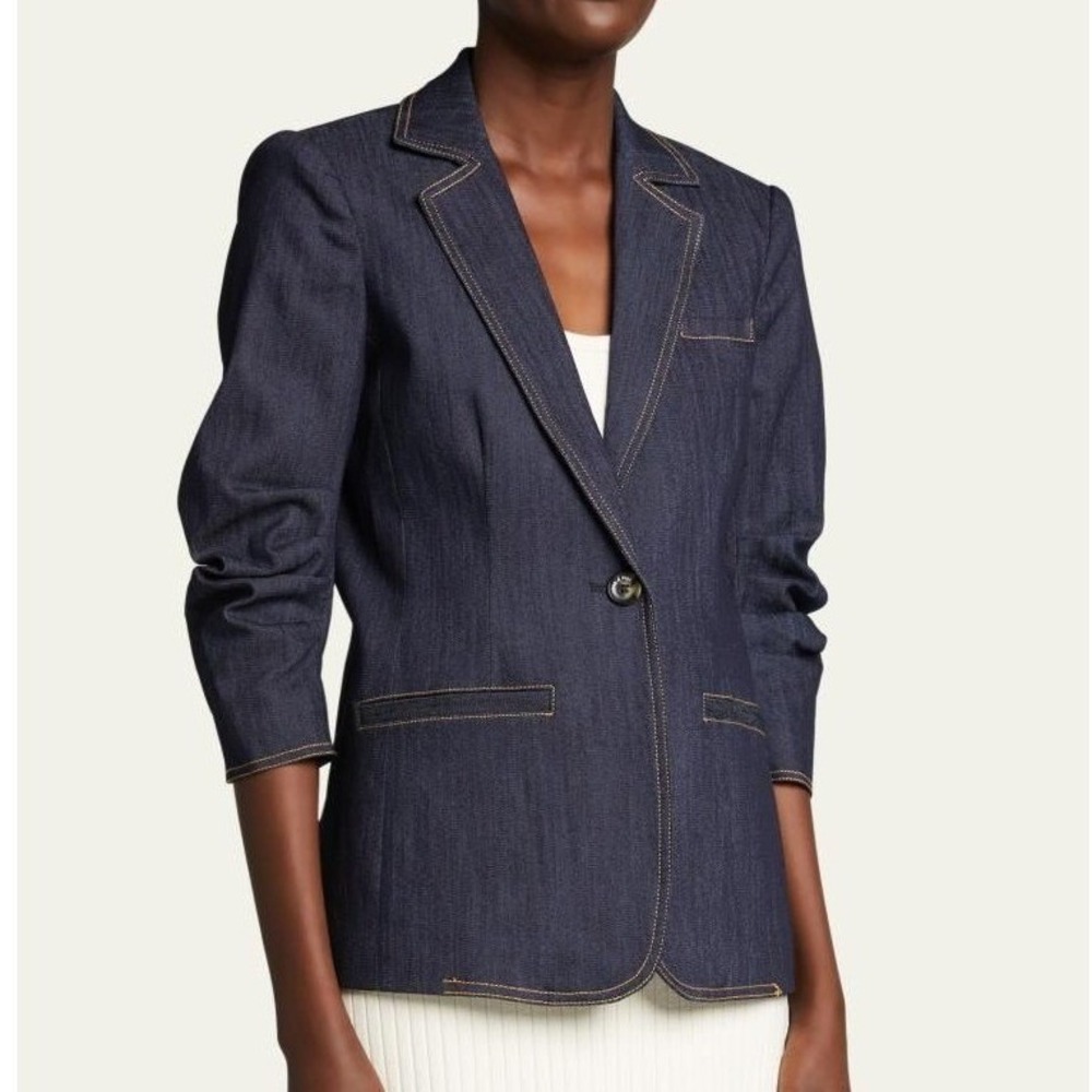 Cinq a Sept Khloe Denim Blazer Dark Indigo Ruched 3/4 Sleeve Size 14